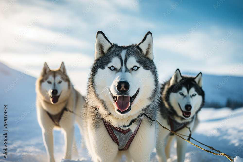 Generative AI of siberian husky dogs in harness climbing up down mountain resort christmas time Generative AI of siberian husky dogs in harness climbing up down mountain resort christmas time
