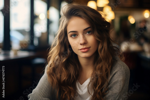 Generative AI portrait of confident city citizen person enjoying weekend time drinking coffee in modern cafe