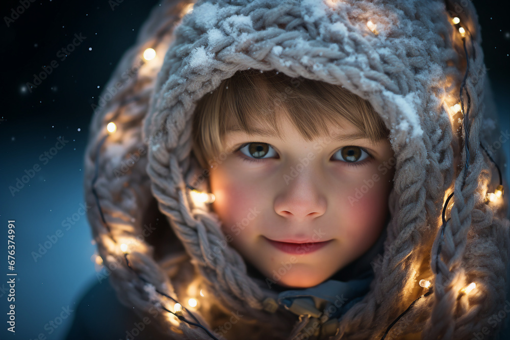 Little child enjoying Christmas lights atmosphere outdoors snowy day Generative AI Little child enjoying Christmas lights atmosphere outdoors snowy day Generative AI