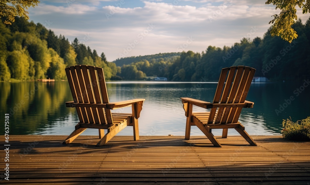 A Serene Scene: Chairs Resting on a Rustic Wooden Dock