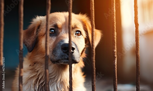 A Curious Canine Peering Through the Metal Bars of a Cage