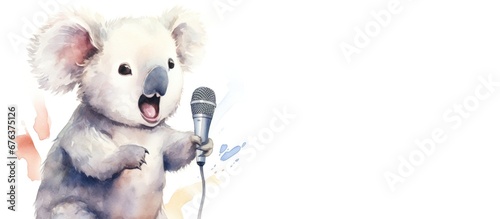 watercolor koala with microphone on white background