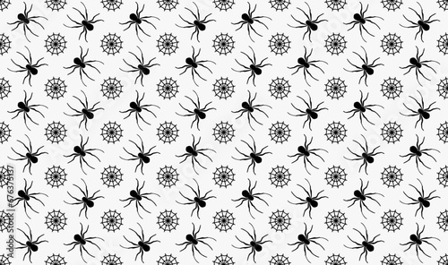 Spider sits on the web vector seamless pattern. Spider and spider`s web on gray background