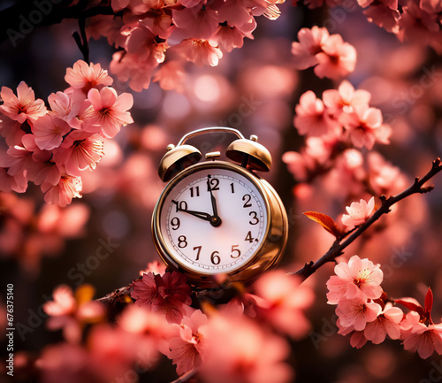 目覚まし時計と満開の桜