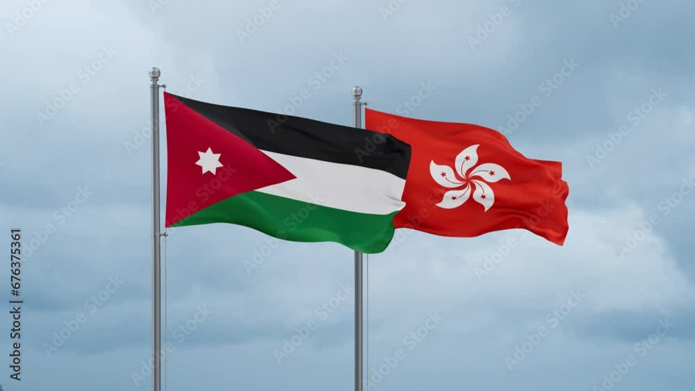 Hong Kong flag and Jordan flag waving together on cloudy sky, endless seamless loop, two country relations concept Hong Kong flag and Jordan flag waving together on cloudy sky, endless seamless loop, two country relations concept