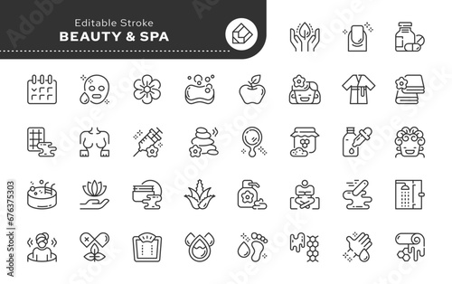 Spa salon and beauty. Spa treatments, cosmetics, body, face, skin, hair and hand care. Line icon set. Web icons in linear style for mobile application and web site. Outline pictogram.