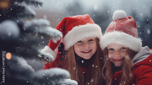 two girls in santa claus hats in snow 