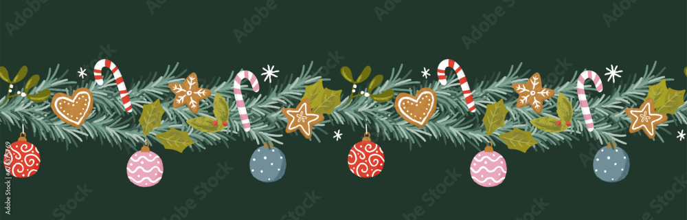 Lovely hand drawn Christmas seamless pattern, cute greenery, flowers and snowflakes, great for textiles, wrapping, banners, wallpapers - vector design