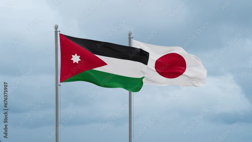 Japan flag and Jordan flag waving together on cloudy sky, endless seamless loop, two country relations concept