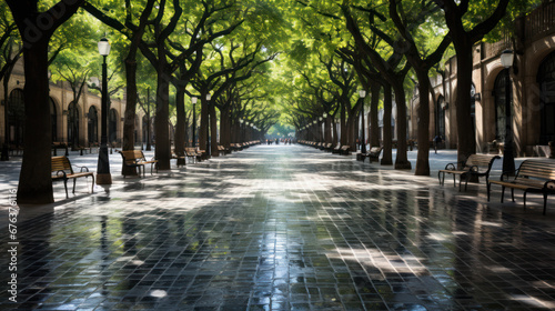Sunlight Filtering Through Trees on Urban Street © ArgitopIA