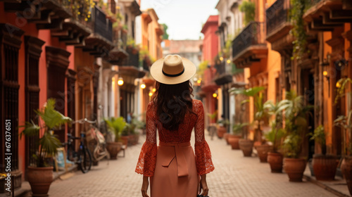 Woman Exploring Old Colorful Street