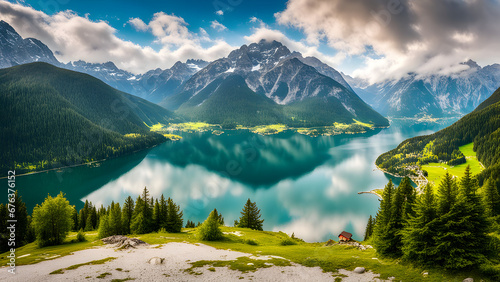 Impressively beautiful Fairy-tale mountain lake in Austrian Alps. colorful Scenery. Panoramic view of beautiful mountain landscape in Alps  © AI By Ibraheem