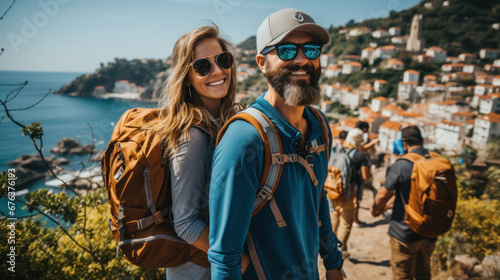 Smiling Couple Hiking Above Coastal Town