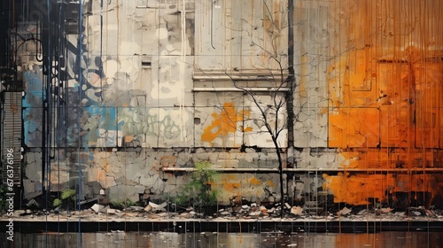 A composition of urban textures like graffiti, rust, and peeling paint. 