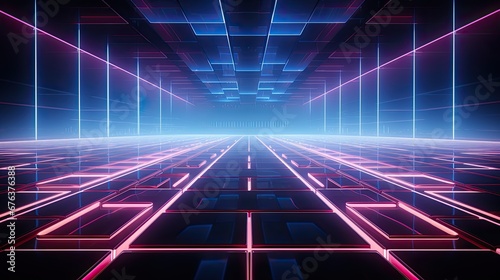 Digitally rendered neon grid lines converging towards the edges, forming a futuristic frame. 