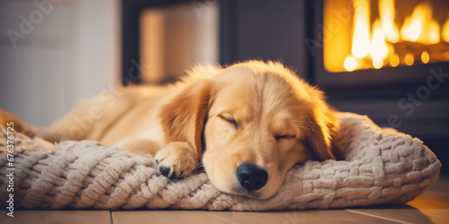Cute dog at home sleeping near fireplace.