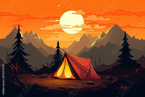 camping adventure tent in forest in the mountains illustration