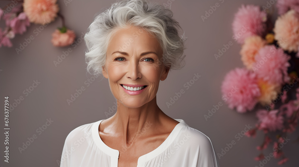 Confident elderly senior model with grey hair and makeup, mature happy smiling female lady with flowers in close-up portrait | Generative AI