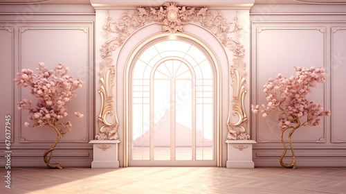 Floral serenity golden ratio composition of a beautiful white room with gorgeous furniture ,wedding hall decoration ideas,AI Generative 