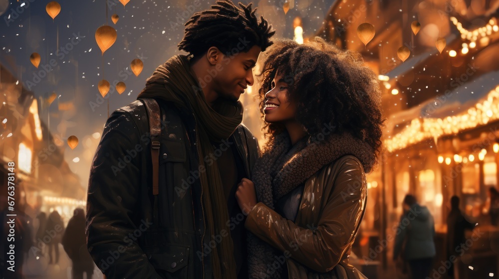 young afro american couple hugging, walking through the city at night, enjoying the holiday atmosphere