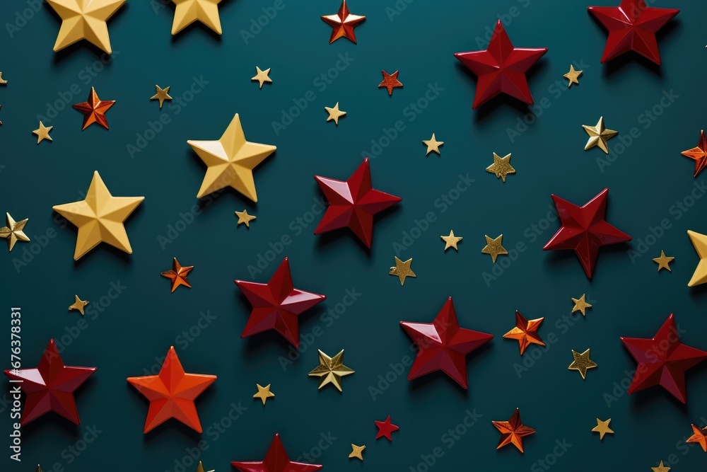 Stars on dark teal blue background. Star shaped golden and red glitter confetti pattern. Holiday party decor. Festive concept