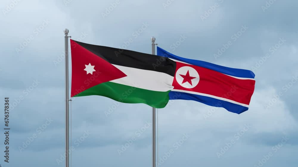 North Korea and Jordan flag waving together on cloudy sky, endless seamless loop North Korea and Jordan flag waving together on cloudy sky, endless seamless loop