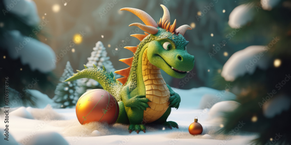 Green Cartoon Dragon and Christmas Ball in snowy forest. Green Dragon Symbol Of New Year 2024. Merry Christmas and Happy New Year Background Green Cartoon Dragon and Christmas Ball in snowy forest. Green Dragon Symbol Of New Year 2024. Merry Christmas and Happy New Year Background