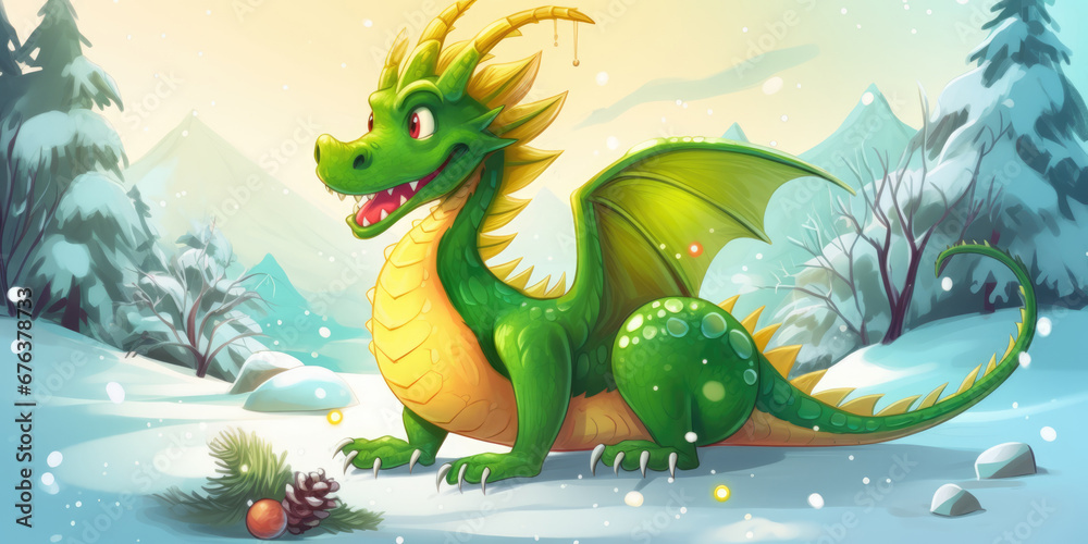 Big Green Dragon on a winter nature background. Green Dragon Symbol Of New Year 2024. Merry Christmas and Happy New Year Background