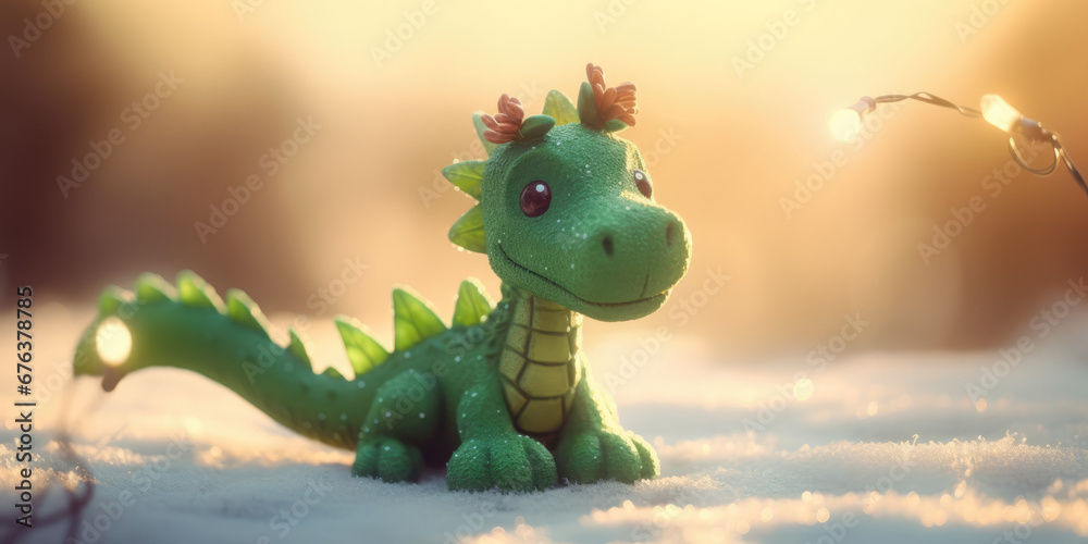 Cute Little Green Dragon and Christmas Garland in snow. Green Dragon Symbol Of New Year 2024. Creative Christmas Background