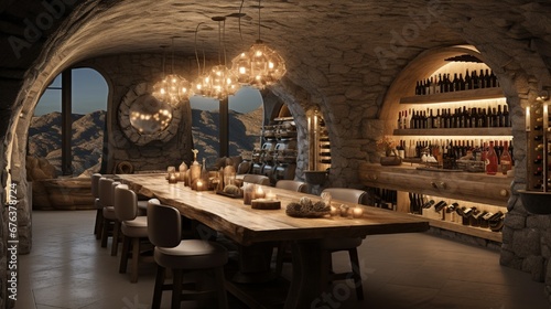 A luxurious wine cellar with vintage bottle displays, stone archways, and a tasting area with a live-edge wood table.