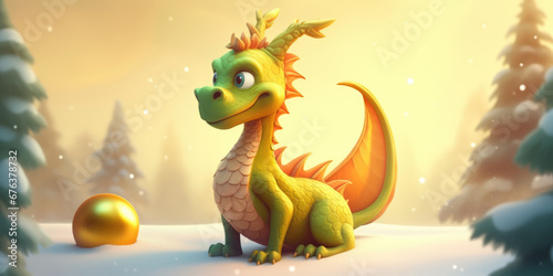 Funny Green Dragon and Gold Christmas ball on a winter nature background. Green Dragon Symbol Of New Year 2024. Merry Christmas and Happy New Year Background © maxa0109