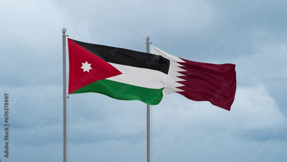 Qatar and Jordan flag waving together on cloudy sky, endless seamless loop, two country cooperation concept