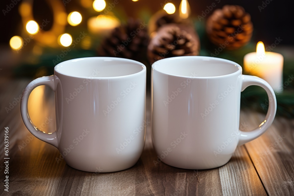Fototapeta premium Mock up of white blank mugs on a table with christmas bokeh and cones on background