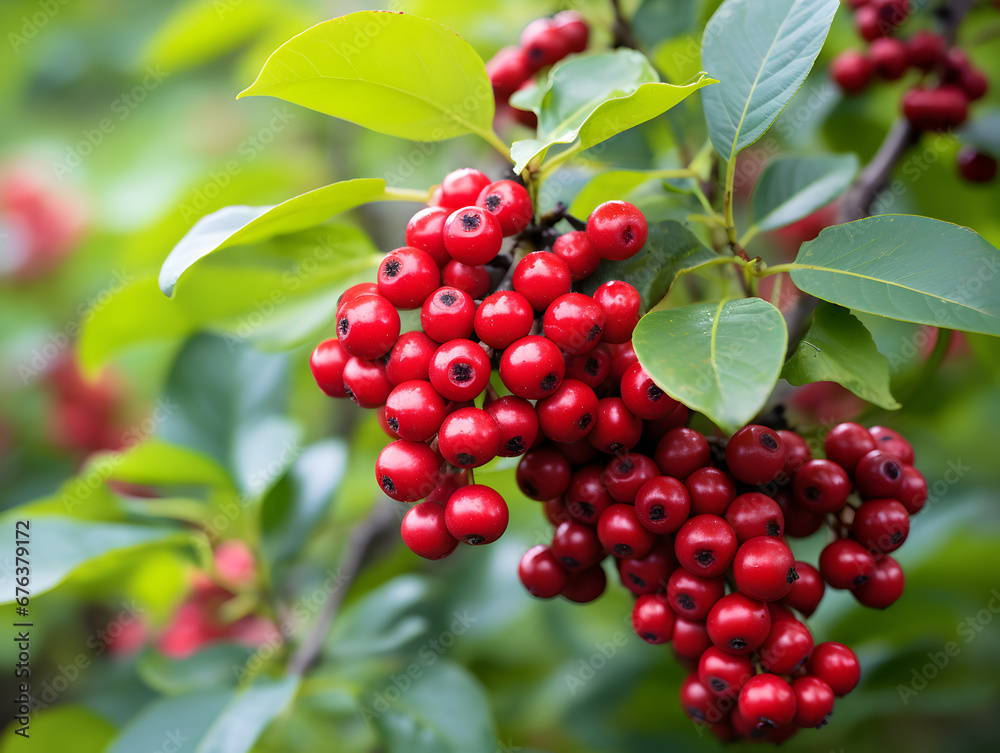 Close up of ripe red chokeberries growing on a bush, blurred background Close up of ripe red chokeberries growing on a bush, blurred background