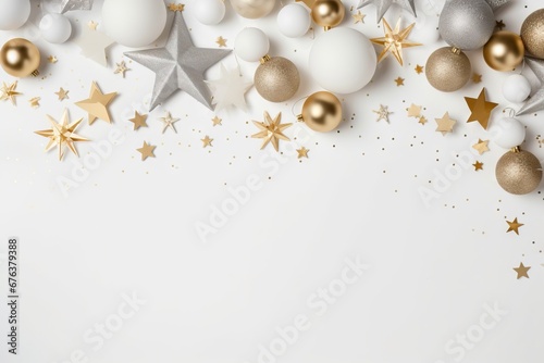 Silver and gold Christmas balls on white background with stars and sparkles. New year decoration, festive atmosphere concept. Banner with copy space