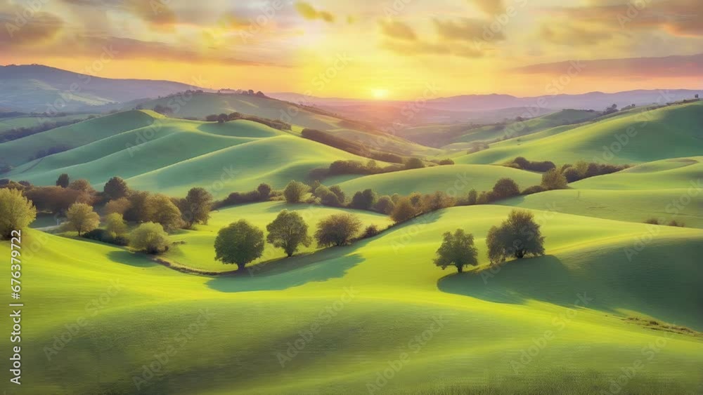 A breathtaking view of rolling green hills, dotted with vibrant trees and framed by a stunning sunset sky. A breathtaking view of rolling green hills, dotted with vibrant trees and framed by a stunning sunset sky.