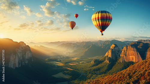Hot air balloons dotting the sky over a mountain range.