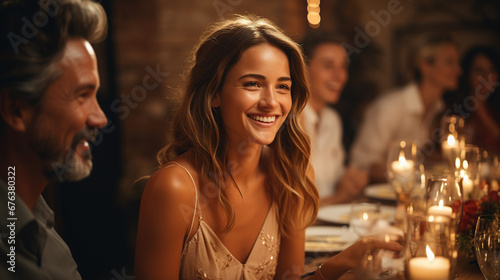 Beautiful young woman laughs while having dinner with friends at a party