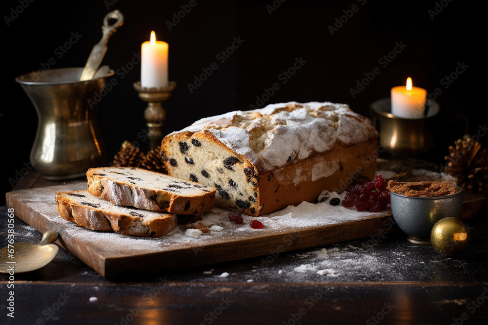 Christmas Stollen with raisins, dried apricots, cherries, nuts and candied fruits in sugar glaze on a festive background. Delicious Christmas dessert. Christmas Stollen with raisins, dried apricots, cherries, nuts and candied fruits in sugar glaze on a festive background. Delicious Christmas dessert.