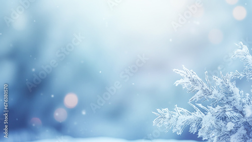Blue winter nature background frame, wide format. Snow-covered fir branches, snowdrift against defocused blurred forest and falling snow. 