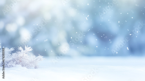 Beautiful winter background image of frosted spruce branches and small drifts of pure snow with bokeh. Copy space. Banner. 