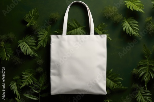Blank white mockup reusable shopping bag on green leaves background. Plastic free, zero waste. Save the planet. Environmental conservation and recycling concept. Template for design  photo