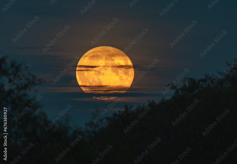 The big yellow moon shines in the sky
