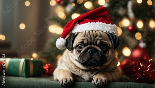 Cute puppy pug wearing Santa Claus red hat sits on the sofa. Merry Christmas and Happy New Year decoration around. New Year card © Roman Samokhin