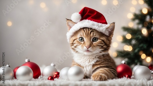 Cute kitten wearing Santa Claus red hat. Merry Christmas and Happy New Year decoration - balls, balloons, toys and gifts around. X-mas postcard