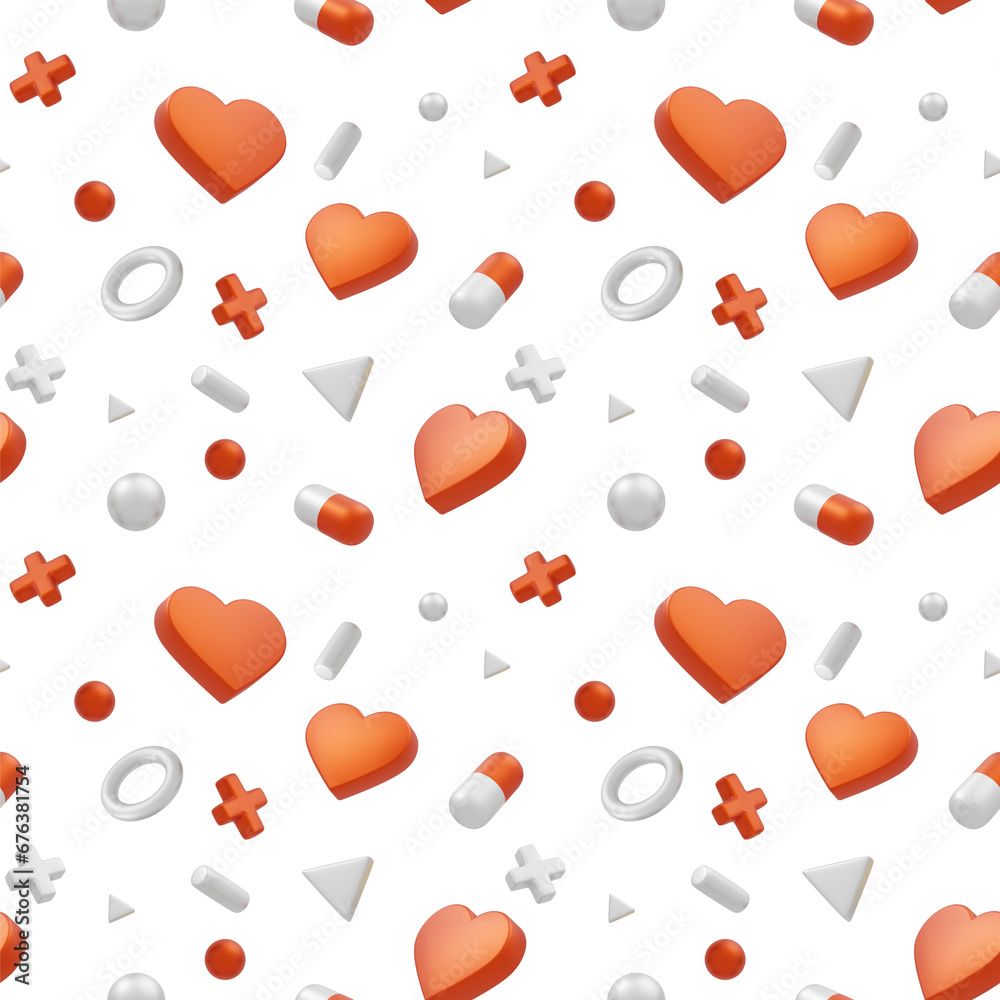 3d medical seamless pattern with pill and heart on white color background. 3d design of medicine illustration