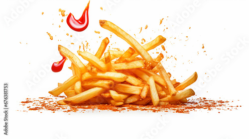 Fast food. Flying fried potatoes and ketchup isolated on white background. French fries. Made with generative ai