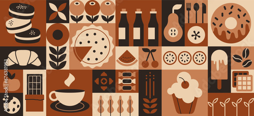 Geometric sweet food pattern. Minimal bakery dessert fruit simple shapes, restaurant cafe menu concept. Vector abstract banner