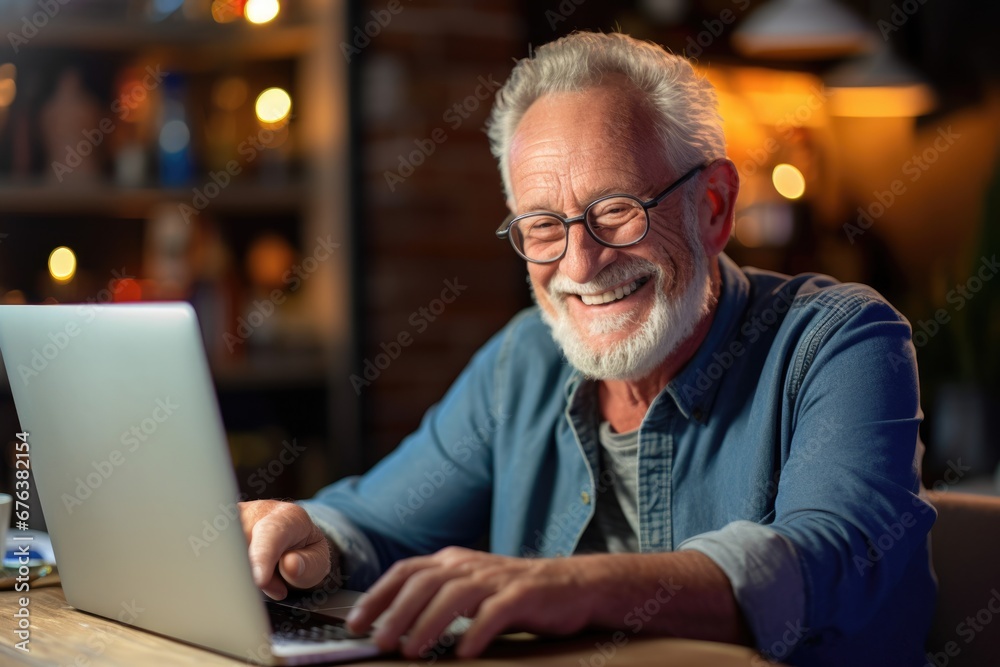 Cheerful grandpa sitting at laptop enjoying communication on social networks Cheerful grandpa sitting at laptop enjoying communication on social networks