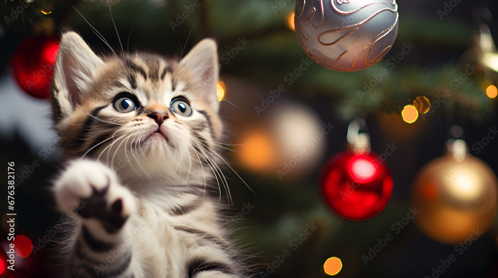 cute kitten playing with a Christmas bauble hanging in a christmas tree cute kitten playing with a Christmas bauble hanging in a christmas tree